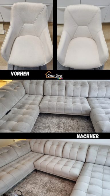 Vorher-Nachher Polsterreinigung einer hellen Eckcouch in Neuss durch professionelle Tiefenreinigung.